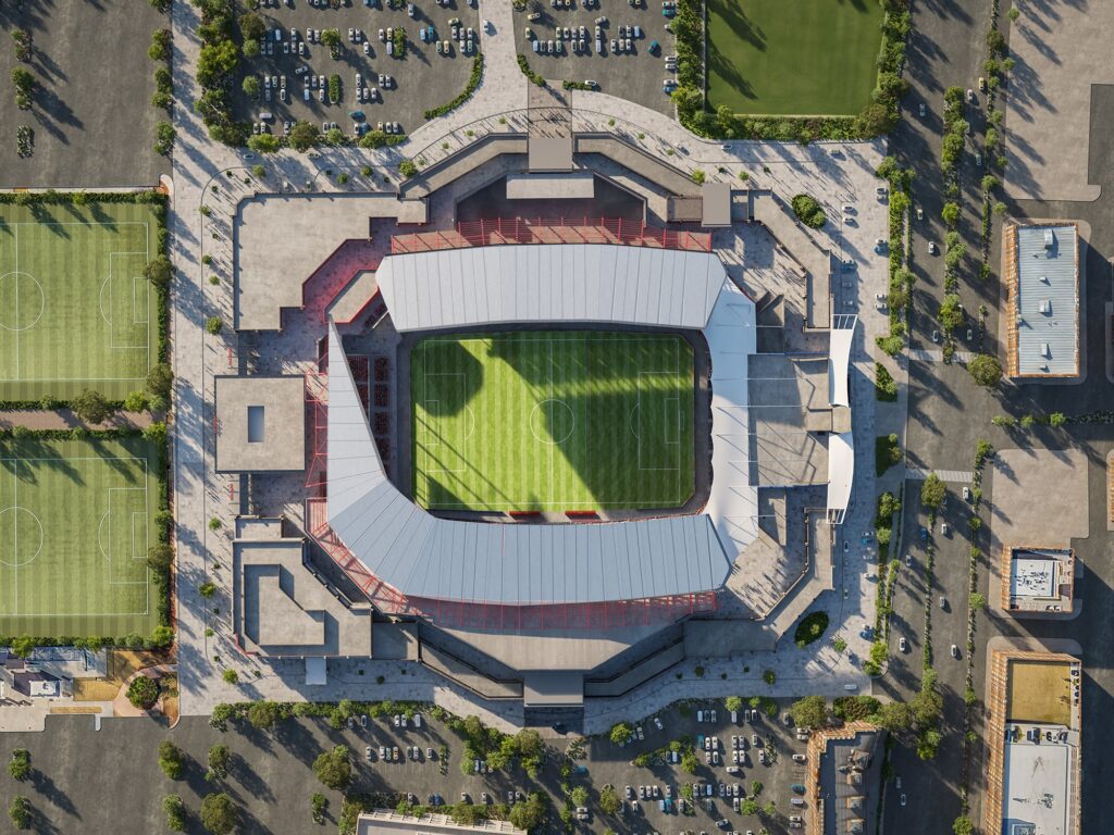 An aerial few of the new Toyota Stadium displaying the Toyota Stadium logo.
