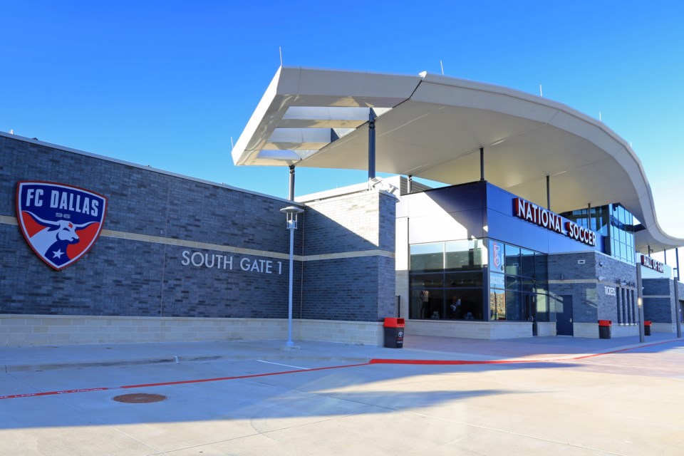 An aerial few of the new Toyota Stadium displaying the Toyota Stadium logo.