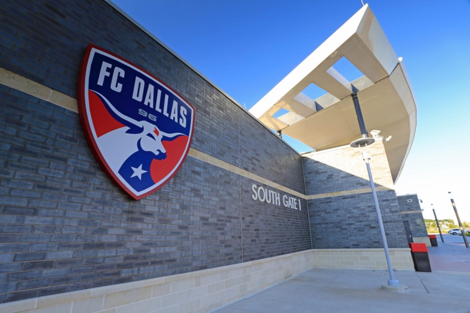 An aerial few of the new Toyota Stadium displaying the Toyota Stadium logo.