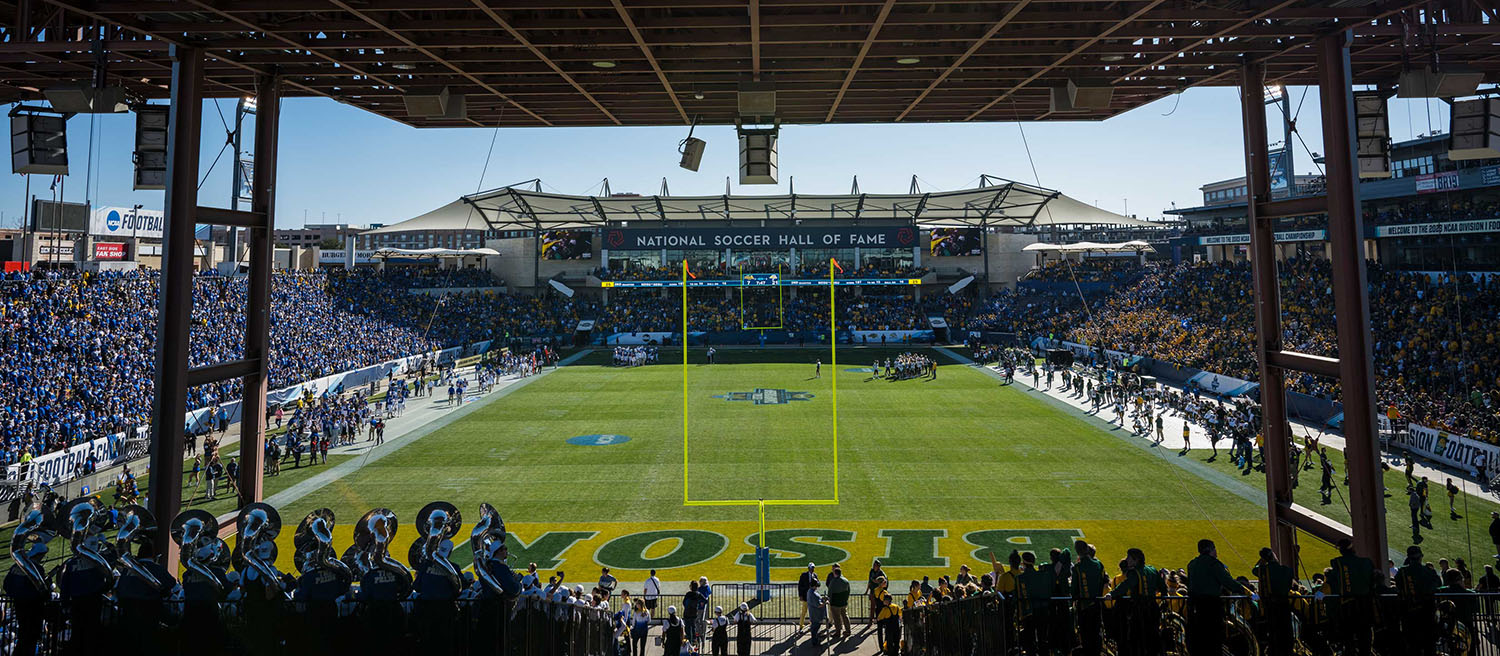 Football field view from the end zone at Toyota Stadium.
